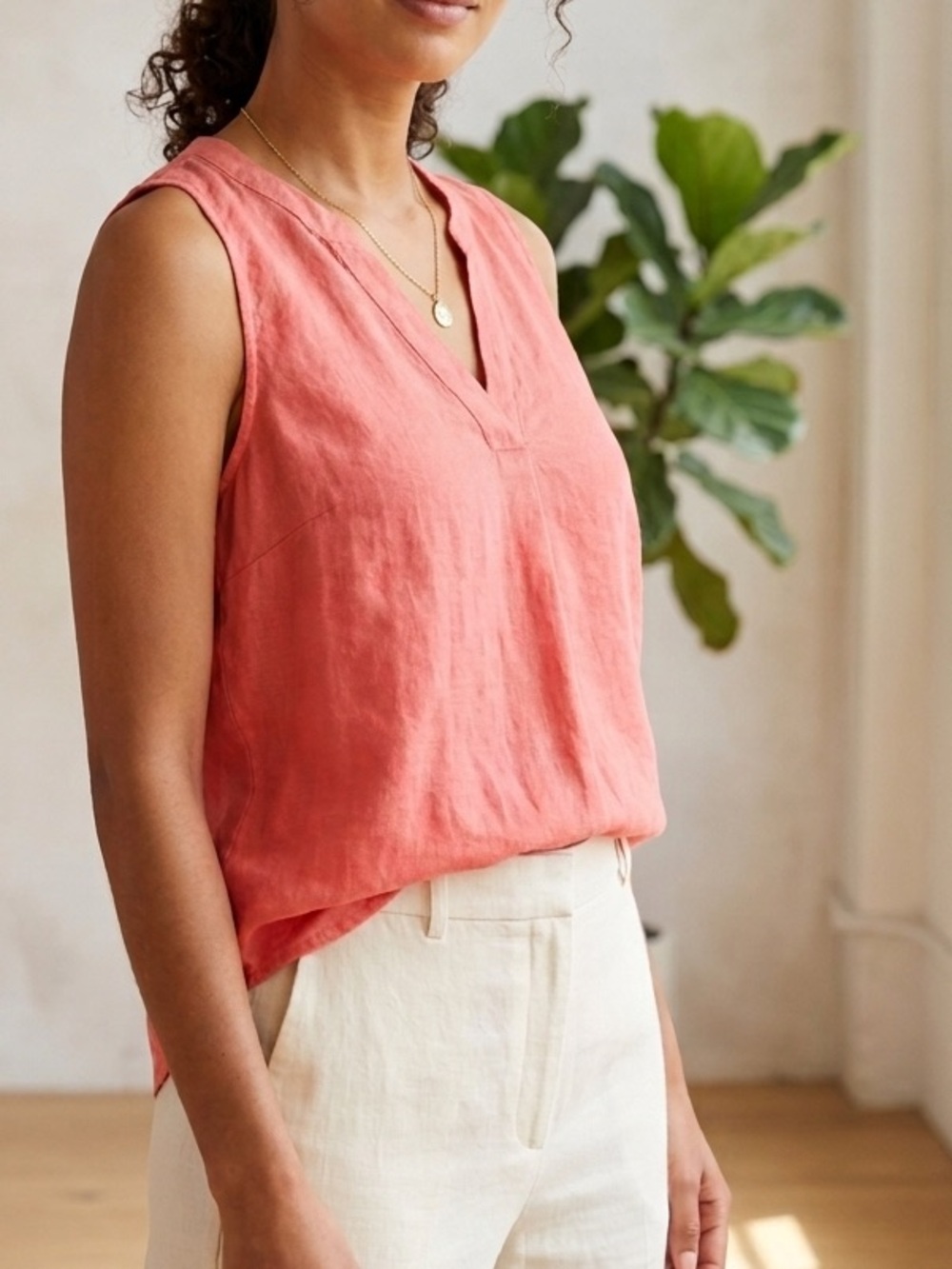 LANDS DOWNUNDER Linen V-Neck Tank Top Coastal Lagenlook Made in Italy Coral S